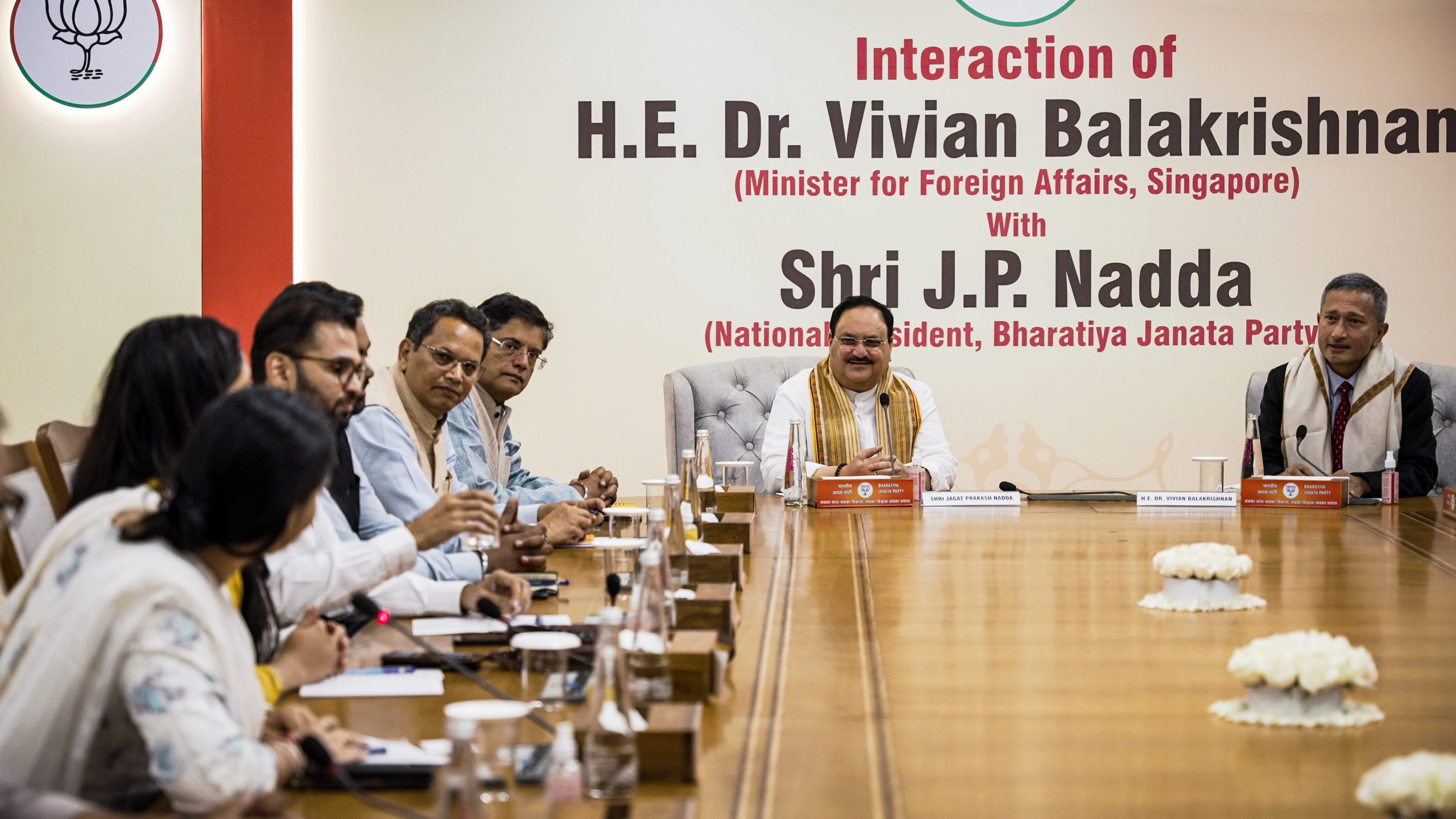 People at table during interaction of H.E. Dr. Vivian Balakrishnan with Shri J.P. Nadda of the Bharatiya Janata Party.